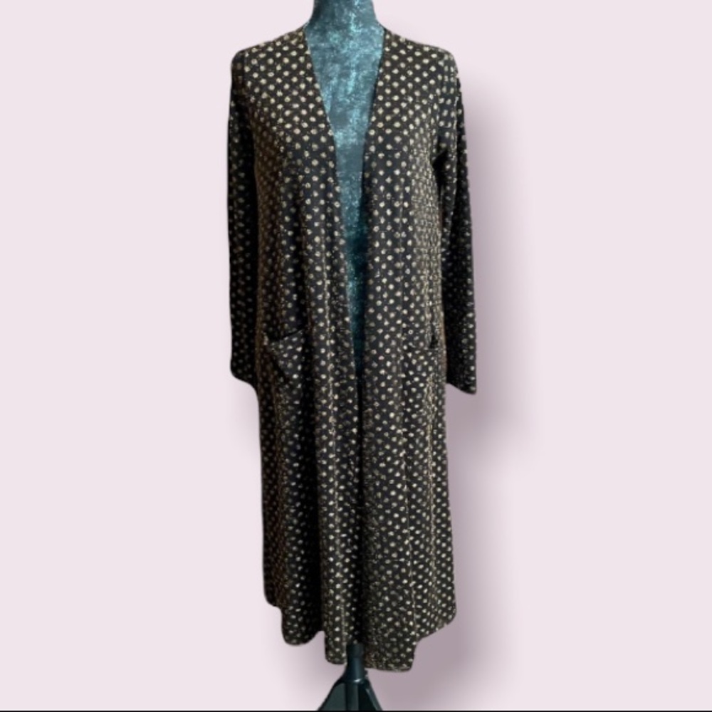 LuLaRoe Sarah Elegant Cardigan Duster Long Pockets Black w/ Metallic Gold Dots